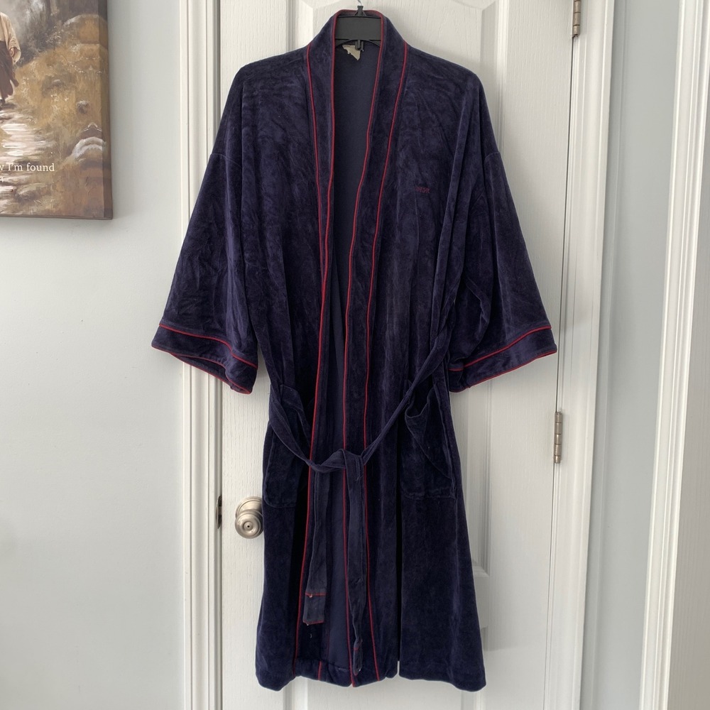 Christian Dior Monsieur Vintage Navy Blue Velour Robe Red Piping Mens Loungewear